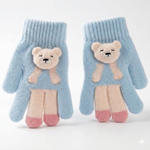 Image of Kids Winter Woolen Hand Gloves for Girls (Age 8-12 Years) | Soft Warm Knitted Gloves | Cute Teddy Bear Design | Cold Weather Gloves