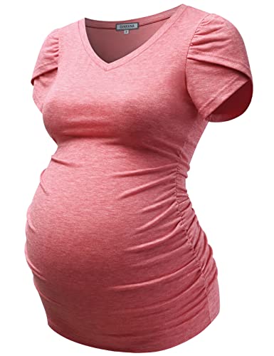 Ginkana Womens Maternity Tshirts V Neck Petal Sleeve Casual Tops Summer Ruched Sides Basic Pregnancy Tshirt Tunic Shirt,Red,M #TOP30
