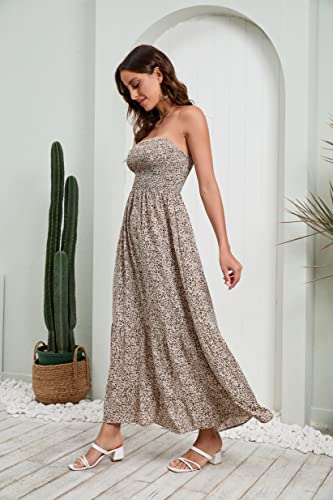 Grecerelle Summer Casual Floral Dress For Women Strapless Maxi Dress For Vacation(Small, Floret Coffee) #TOP2