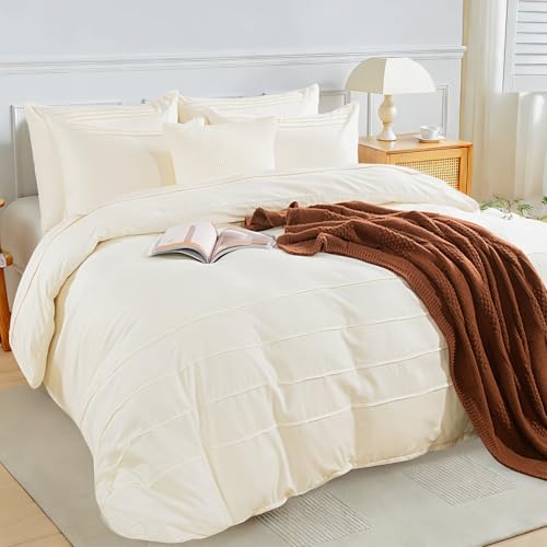NEXHOME PRO 100% Organic Cotton Duvet Cover Queen, Linen Like Pleated Textured Ivory Duvet Cover Set, 3pc Bedding Set with Zipper Closure, Soft, Lightweight and Breathable,90"x90", No Comforter