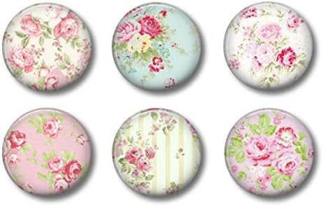Vintage Shabby Chic Roses Office Decor Magnets - Farmhouse Style with Roses - 1.75" Set of 6 - Whiteboard Locker Magnets For Home School Fridge or Kitchen