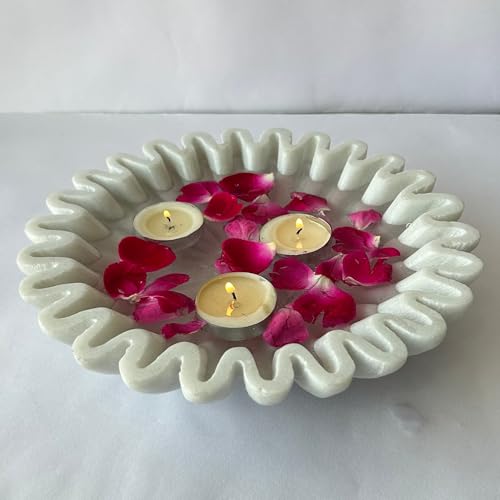 Image of Marble Urli Bowl for Decoration | Big Potpourri Decorative Bowls in Home decor | Large White Floating Flower Plates of Stone | Small Shape puja Item | (9 inch, Ruffle)