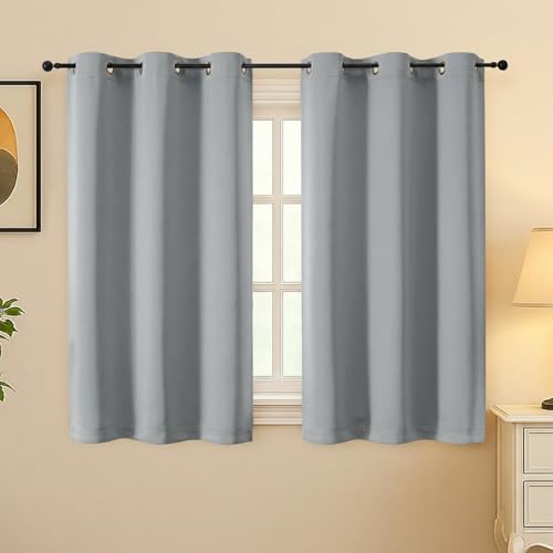 Image of Simplebrand Silver Grey Room Darkening Curtains for Bedroom 45 Inches Long 2 Panels Set, Sunlight Blocking Curtains for Small Windows, Grommet Energy Saving Thermal Insulated Short Drapes, 40Wx45L