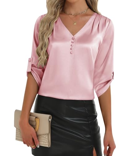 2026 Womens 3/4 Sleeve Shirts Dressy Casual Tops Pleated Satin Silk Business Blouses Pink