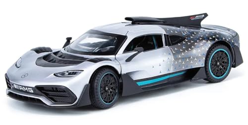Image of 1:24 AMG ONE Diecast Metal Car Pull Back Alloy Model Toy with Openable Doors Lights & Sound Realistic Collectible Supercar Gift for Kids Boys & Car Enthusiasts (Silver)