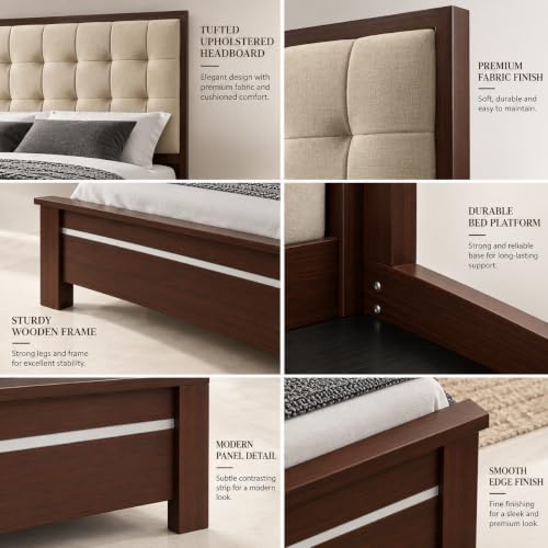 Image of APRODZ Sheesham Wood Bed | Queen Size Bed (78x60 Inches) Without Storage | Solid Wood Double Bed with Tufted Headboard | Premium Cot Furniture for Bedroom | Bed Queen Size | Beige
