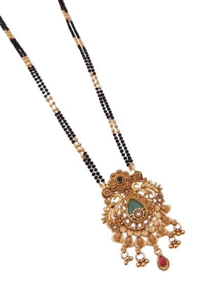 Traditional Gold Plated Double Line Black Bead Mangalsutra Necklace for Women | Antique Floral Pendant Mangalsutra Chain | Ethnic Wedding & Daily Wear Jewelry-image-37
