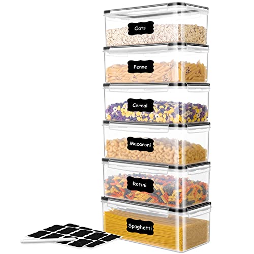 Me.fan Food Storage Containers, [6 Set] 3.2L Spaghetti Containers Airtight Horizontal Storage/Pasta Containers Kitchen Pantry Organization Canisters With 24 Labels & Pen - Black #TOP7