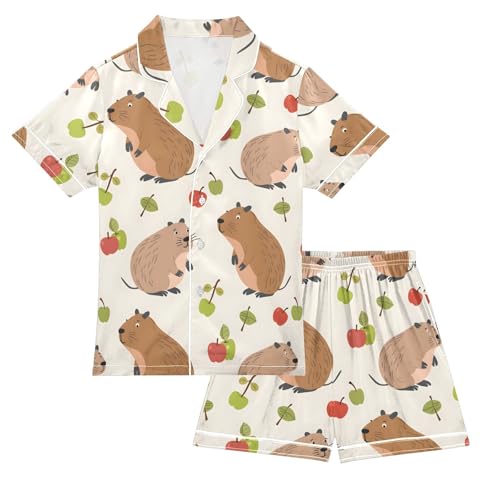 ALAZA Capybara Green Fruit Leaf Satin Pajamas Set Short Sleeve Button Down Sleepwear Summer Pjs 2 Piece