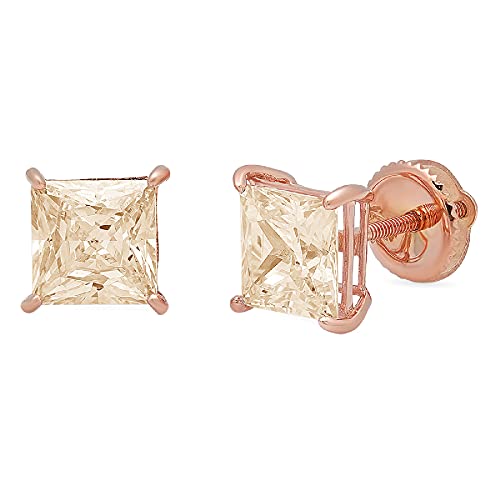 4.0 Ct Brilliant Princess Cut Solitaire Flawless Genuine Yellow Moissanite Gemstone Conflict Free Vvs1 Ideal Pair Of Designer Stud Earrings Solid 18K Rose Pink Gold Screw Back #TOP18