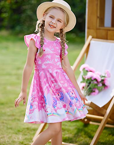 Quedoris Girls Twirly Printed Casual Party Dress Ruffle Sleeve Fantasy Unicorn Cap L #TOP1