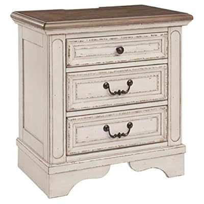 Signature Design by Ashley Realyn French Country 3 Drawer Nightstand with Electrical Outlets & USB Ports, Chipped White 41LPbV+qPGL. SS400