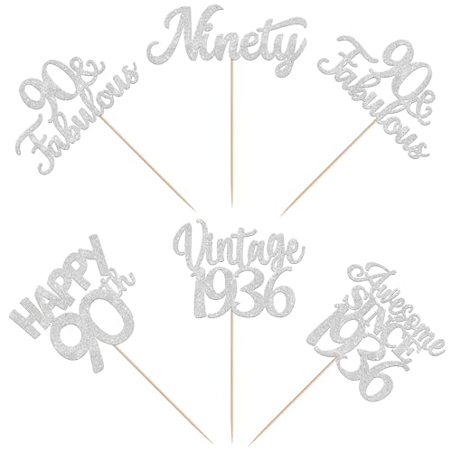 Image of 15 PCS 90th Birthday Centerpiece Sticks Ninety Happy 90 Vintage 1936 Table Flower Centerpieces Sticks Cheers to 90 Fabulous Floral Decorations for 90th Birthday Party Supplies Silver
