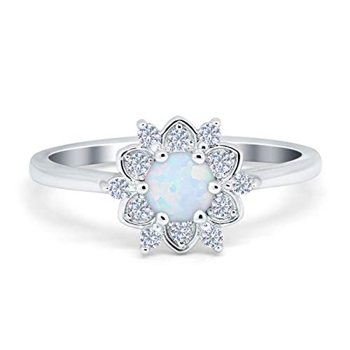 Blue Apple Co. Lab Created White Opal Size-7 Halo Floral Art Deco Wedding Engagement Ring Round Simulated Cubic Zirconia 925 Sterling Silver