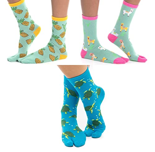 3 pairs V-Toe flip flop split-toe socks pineapple, turtle and green llama
