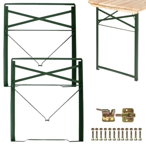 Vigormat Pied De Table Pliable pour Banc de Brasserie et Jardin, Kit de Montage Complet avec Vis pour Meuble DIY, Support Rabattable en Métal Robuste, Gain de Place Extérieur (2 Pieds + Kit - Vert)