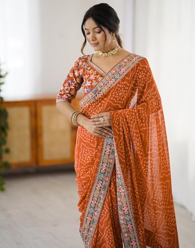 Image of SIRIL Women's Georgette Bandhani Printed Saree with Unstitched Blouse Piece