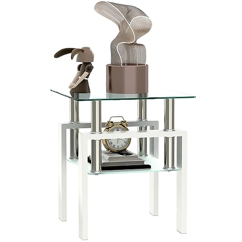 ODUSE-DAILY Glass End Tables, Small Glass Top End Table, White Side Table, Square Shape, Tempered Glass Top, Metal Frame, for Living Room Bedroom (White, 1Pcs End Table)