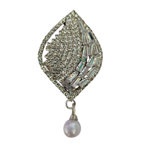 Diamond Saree Pin with Pearl Drop, Teardrop Design, Crystal Rhinestone and Baguette Embellished, Silver Tone-image-28