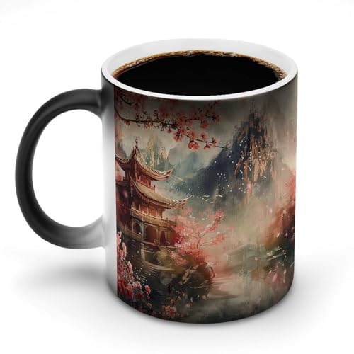 山のふもとにあるパビリオンマグカップ 変色カップ 水墨画のスタイル 水彩画 コーヒーカップ 高級 おしゃれ 人気 誕生日プレゼント ギフト 贈り物 彼女 妻 友人 家族 愛する人への素敵なプレゼント バレンタインデー 結婚記念日 プレゼント 350ml