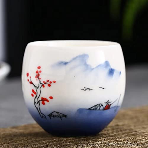 Mqjzsh Hand Drawn Chinese Japanese Style Traditional Ceramic Tea Cup Set Of Four, Tea Set, Kung Fu Tea Cup, Coffee Cup (Blue 2) #TOP2
