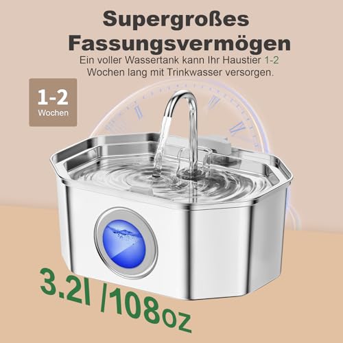 Apauk Katzenbrunnen, Trinkbrunnen für Katze, Trinkbrunnen Edelstahl, Ultraleiser Trinkbrunnen für Katze und kleine Hunde,mit LED-Fenster, S -3.2L Große Kapazität (A-4 Filter & 4 Schwämme)