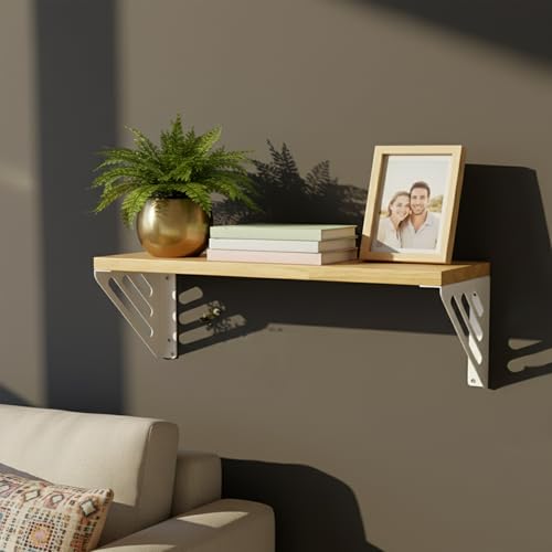 Image of Wall Shelf with Wooden Top Black|White Iron Brackets Storage Rack|Industrial Wall-Mounted Floating Shelf for Living Room,Kitchen,Bathroom (White Lines Large)