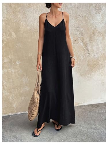 Verdusa Women's Linen Dresses Open Backless Flowy Long Maxi Dresses Beaded V Neck Vacation Dress2