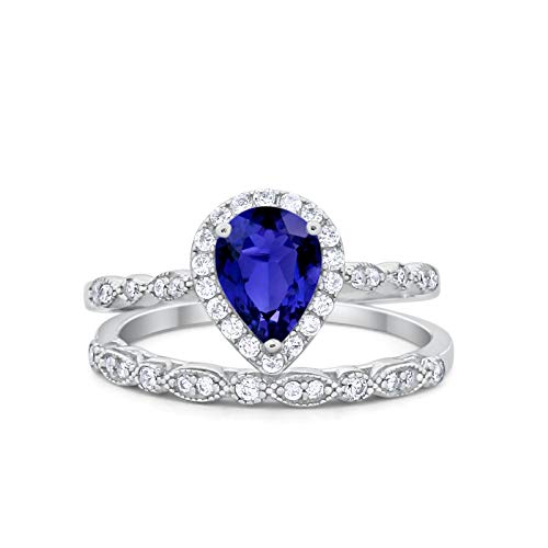 Teardrop Art Deco Bridal Set Wedding Engagement Ring Band Pear Simulated Blue Sapphire Cubic Zirconia 925 Sterling Silver Size-8