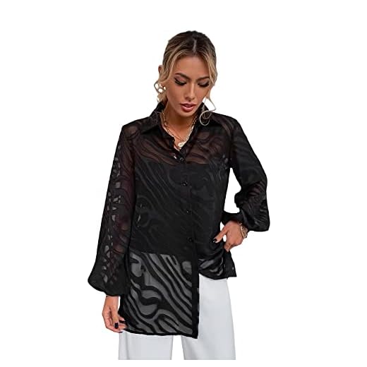 MakeMeChic Women's Sheer Blouse Lantern Sleeve See Through Button Down Shirt Top Black S