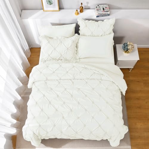 JOLLYVOGUE Ivory King Size Comforter Sets 7 Pieces, Pintuck Bed in a Bag Comforter Set for Bedroom, Bedding Comforter Sets with Comforter, Sheets, Ruffled Shams & Pillowcases