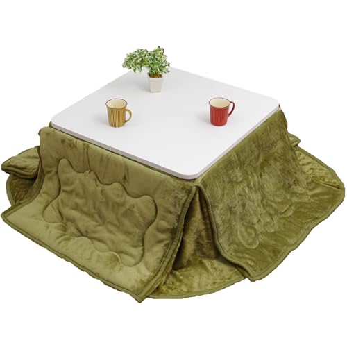 D・SERIES 省スペースこたつ 2点セット 正方形 こたつ台(60×60cm) ホワイト+こたつ省スペース掛け布団(160×160cm) Dフランネル グリーン KDFS-348163