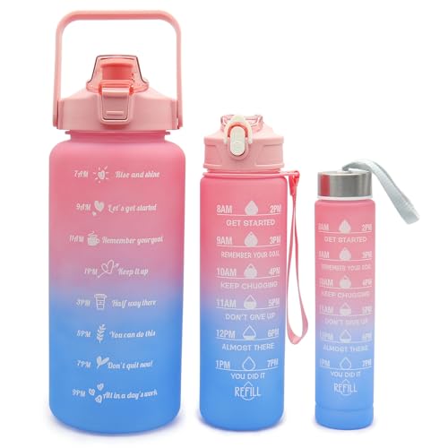 3-Pack Motivational Water Bottles with Time Markers – 2L + 750ml + 280ml Leakproof BPA-Free Tritan Bottles – Gradient Pink & Blue Reusable Hydration Set for Gym, Office & Travel