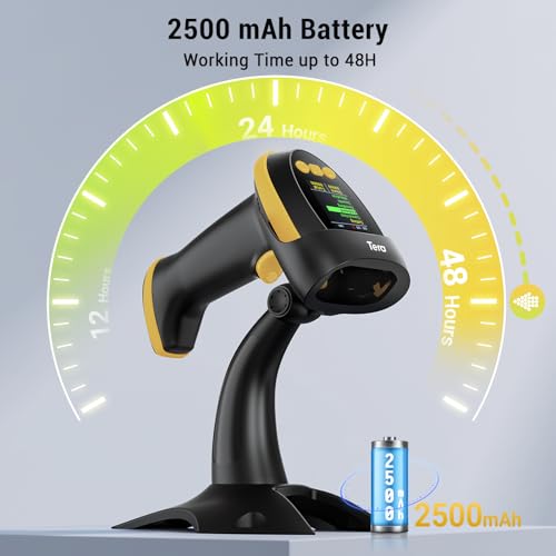 Image of Tera Barcode Scanner Wireless 2D with Stand: Pro Version Digital Setting Screen Keypad Works with Bluetooth 2.4G Wireless USB Wired Extra Fast Scanning Speed Handheld Bar Code Reader HW0009-Z Yellow