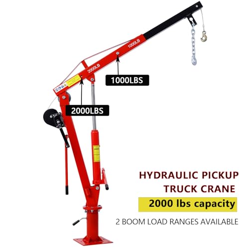 2000 LBS Hydraulic Pickup Truck Crane, Davit Crane with Hand Winch, 44.5” to 59” Working Boom Range, Lifting Range 5”-82.5”, Truck-Mounted Bed Crane for Lifting Goods in Construction, Red