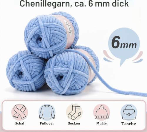 ilauke Blaue Chenille Wolle 3x100g zum Häkeln und Stricken – Bild 6