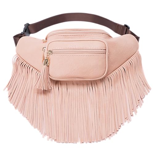 Solene Fringe Waist Pack with Multi Zipper Pockets - (KL088, Rose Pink)