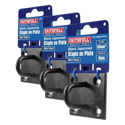 Image of Faithfull FAICHBSTAPLE Black Japanned Steel Staple On Pre-Drilled Plate (50 x 50mm) (Pack of 3)