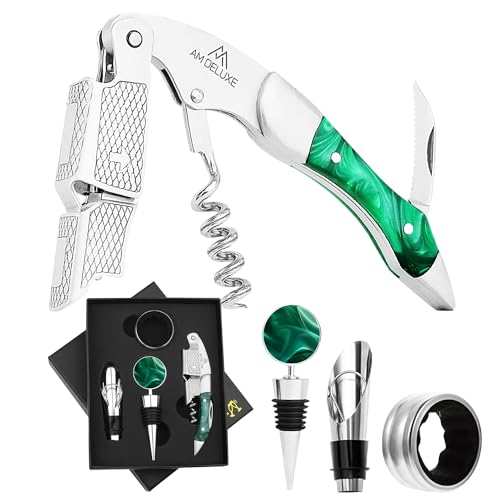 AM DELUXE Wine Bottle Opener Set - Professional Waiters Corkscrew Wine Opener, Wine Aerator Pourer Spout, Wine Bottle Stopper, Wine Collar Drip Ring. 4-Piece Wine Accessories Gift Set