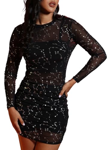 Image of MOEENCN Sexy Long Sleeve Mini Dress for Women Sheer Mesh Printed 2 Piece Skirt Set Crew Neck See Through Bodycon Clubwear