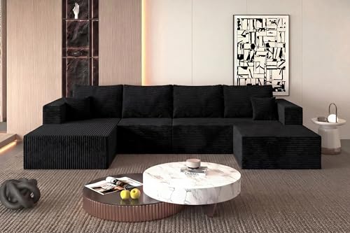 Image of 138 inch Modern Modular Sectional Sofa, U-Shaped Cloud Couch, Soft Corduroy Boneless Couch with 3060 High Rebound Memory Foam, Sectional Couches for Living Room-Black(Left Facing Chaise)