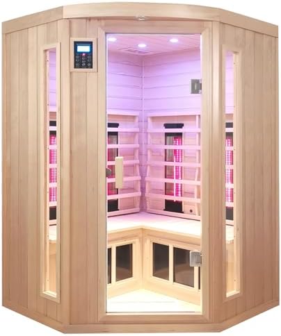 KUNSANA Infrared Saunas 2-3 Person, Ceramic Infrared Sauna for Home, Low EMF Indoor Home Sauna Spa, Ultra Large Size Corner Sauna, Hemlock Wood Sauna Room, Bluetooth Speakers, Chromotherapy Lights