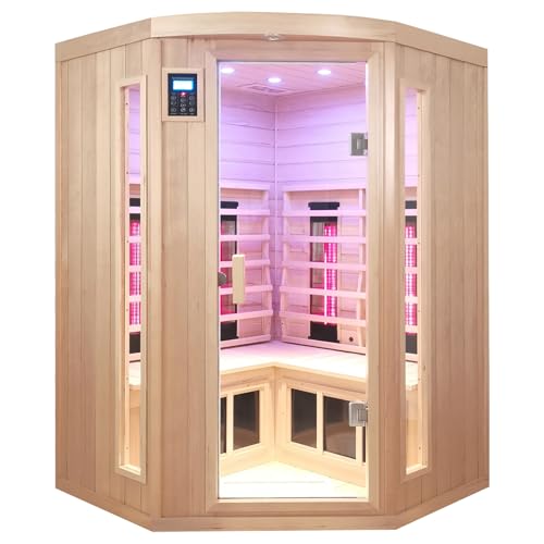 KUNSANA Infrared Saunas 2-3 Person, Ceramic Infrared Sauna for Home, Low EMF Indoor Home Sauna Spa, Ultra Large Size Corner Sauna, Hemlock Wood Sauna Room, Bluetooth Speakers, Chromotherapy Lights