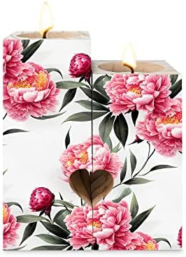 Peony Flower Candle Tealight Holders,Gifts for Him,Her,Kids,Women,Men - Heart Decorative Wood Candle Holder with Tea Lights,Wooden Candlestick Holder Decor,Chinese Rose Classical Oriental Ink Painting