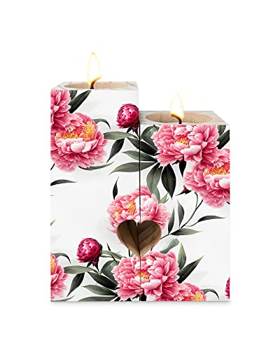 Peony Flower Candle Tealight Holders,Gifts For Him,Her,Kids,Women,Men - Heart Decorative Wood Candle Holder With Tea Lights,Wooden Candlestick Holder Decor,Chinese Rose Classical Oriental Ink Painting #TOP25