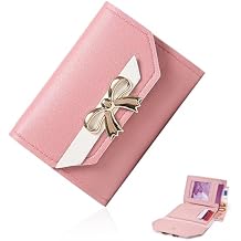 FuninCrea Small Wallets Woman, Leather Women Purse Credit Card Holder for Women, Womens Wallet Slim Wallet Soft Cute Wallet with Bow Knot & Buckle Bifold Ladies Wallet with ID Window Pink