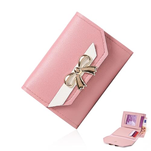 FuninCrea Small Wallets Woman, Leather Women Purse Credit Card Holder for Women, Womens Wallet Slim Wallet Soft Cute Wallet with Bow Knot & Buckle Bifold Ladies Wallet with ID Window (Pink)