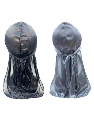 KGDUYC 2pcs Long Tail Unisex Durag Headwraps Anchas Correas Pirata Gorra de quimio contra la pérdida de Cabello Bandana Turbante para Mujeres y Hombres Hip-Hop y decoración Diaria, negro/plateado