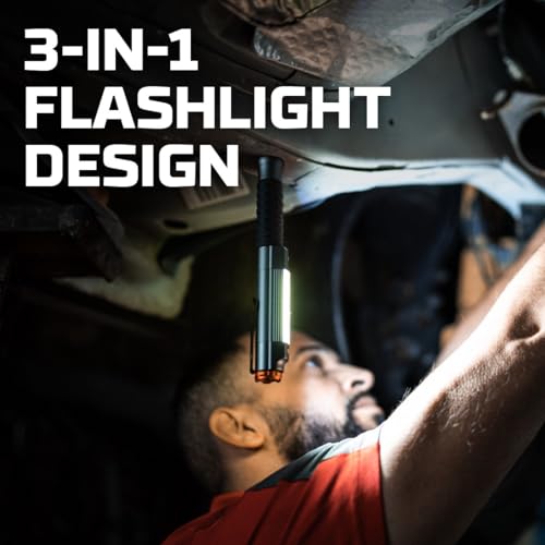 NEBO Big Larry 3 Work Light | Alkaline Batteries Included, 600 Lumens, 7 Light Modes, Magnetic COB Task Lamp & LED Flashlight, Steel Pocket Clip, Hands-Free Use, Water Resistant