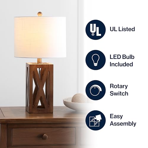 JONATHAN Y 21.5" Brown Farmhouse Wood Table Lamp for Bedside and Living Room, White Linen Drum Shade, Rustic Modern Desk Lamp for Bedroom, LED Bulb Included JYL1062A by JONATHAN Y - Used condition - Image 4